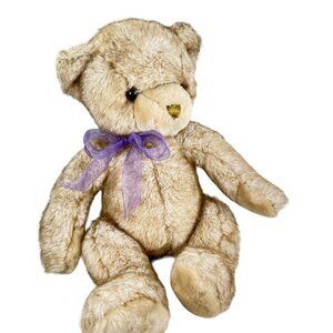 Vtg CommonWealth 2001 Plush Teddy Bear 12" Stuffed Animal Beige Tan Purple Bow
